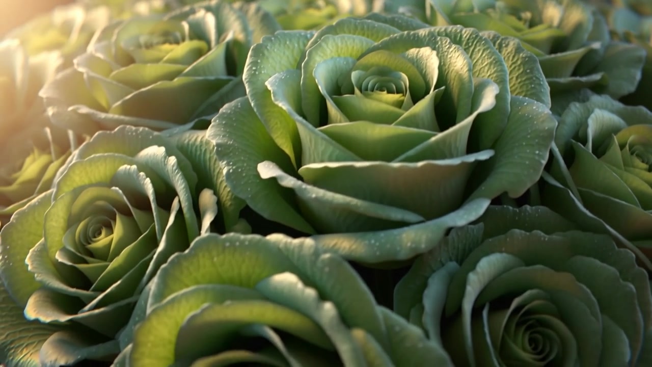 Moving camera responding to warm side light, focusing central rosette in planter bed with dew