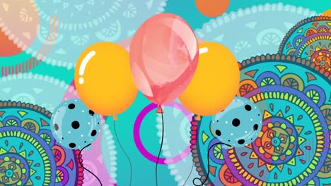 Animation-Von-Luftballons-über-Sich-Drehenden-Rädern-Mit-Muster-Auf-Blauem-Hintergrund