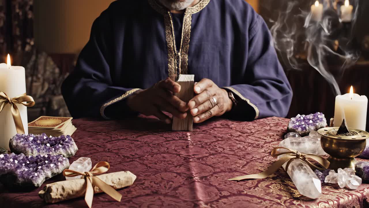 Lettura dei tarocchi con cristalli e candele