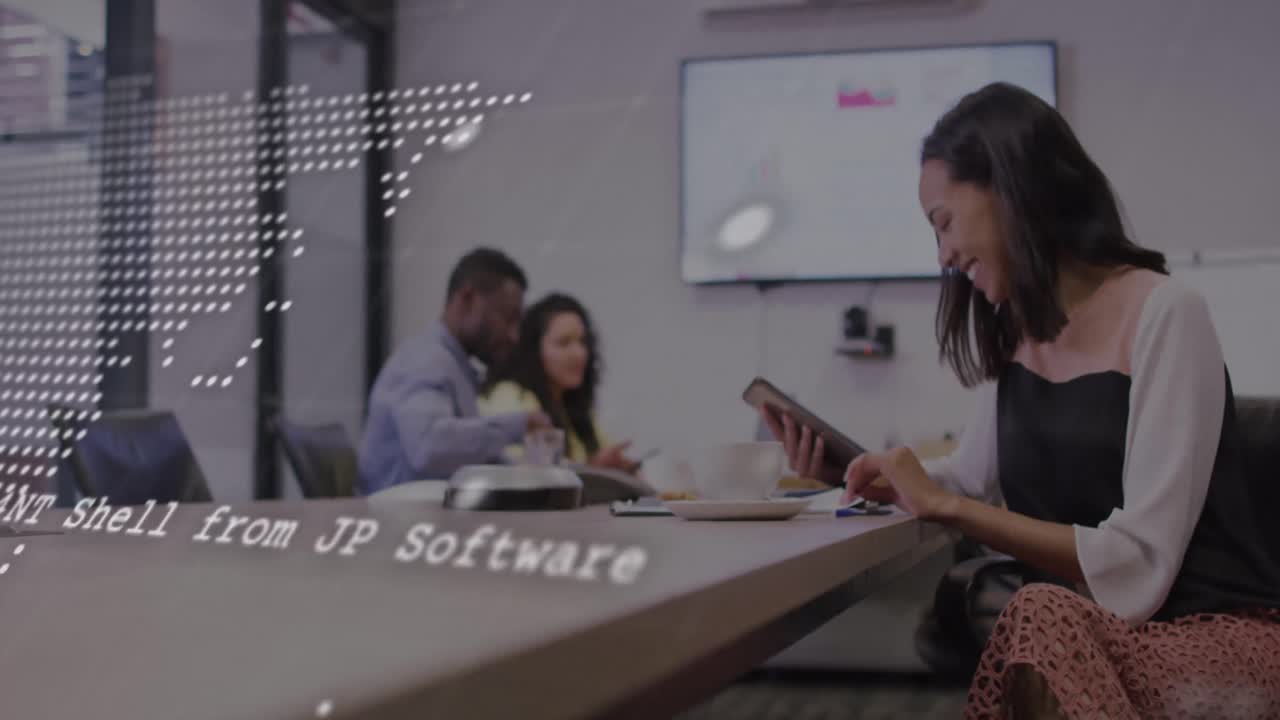 Animation of world map and data processing over happy biracial businesswoman using smartphone office