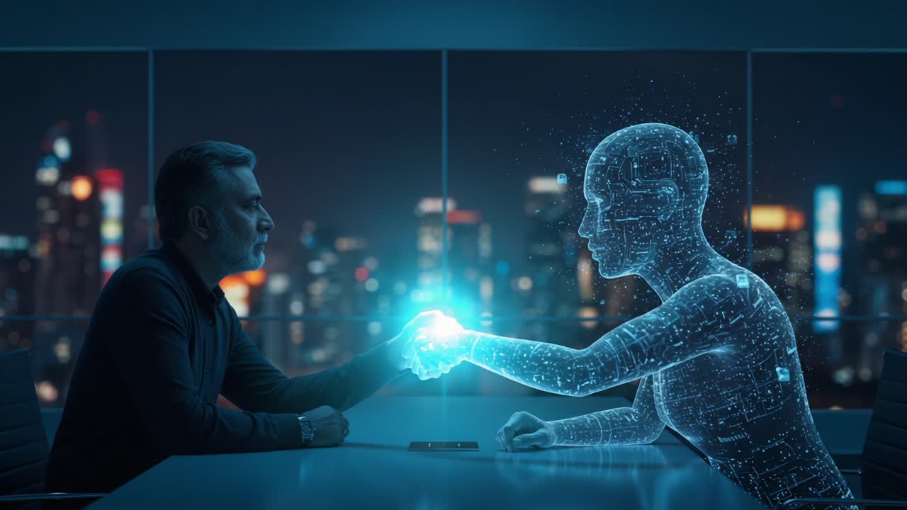 A Thought-Provoking Encounter: Bridging Humanity and Technology Through a Captivating Handshake with a Digital Being in a Futuristic Setting