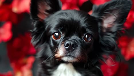 a small black and white dog sitting in front of red flowers