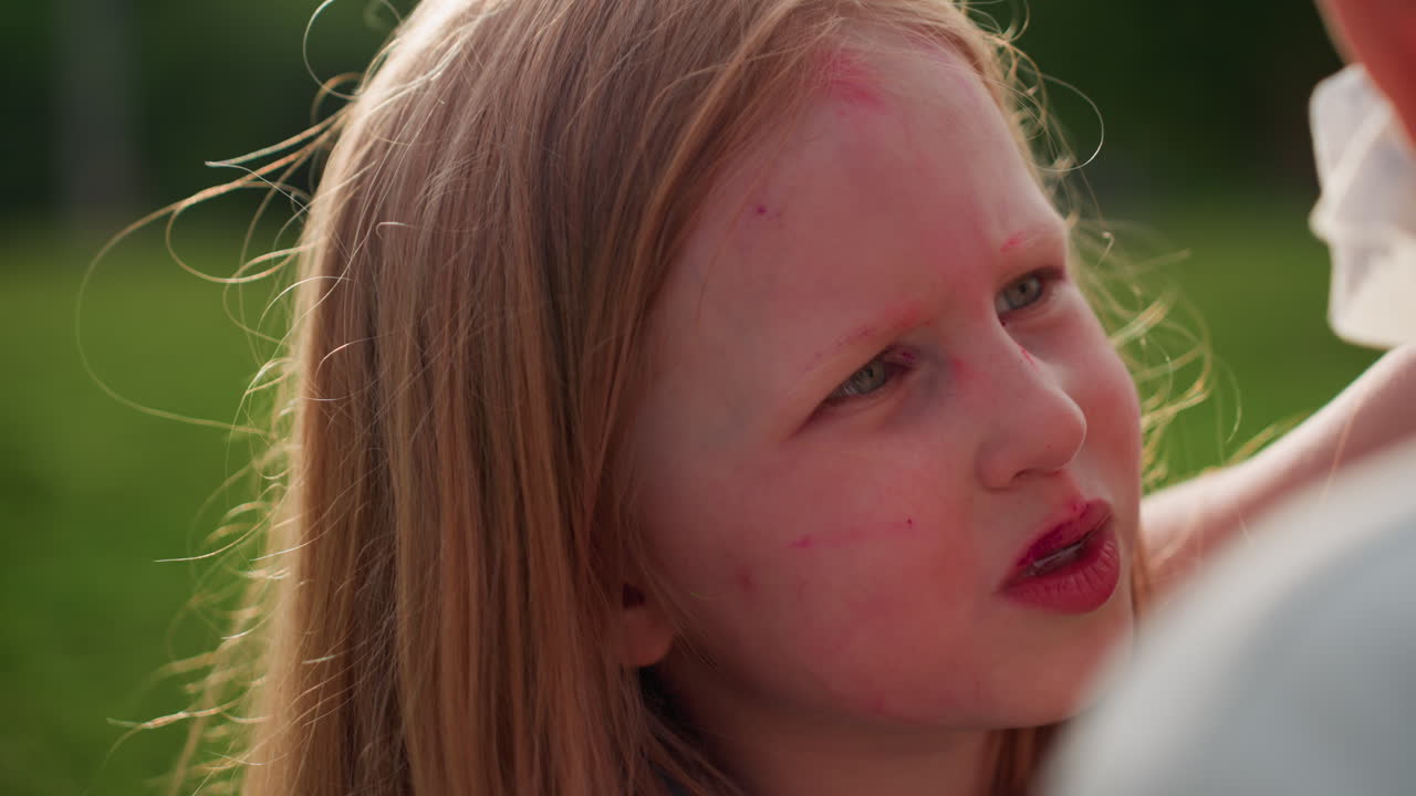 summer kid chatting while gently cleaning fellow face painted child with tissue in green outdoor setting, warm light highlighting focused interaction and caring friendship close up