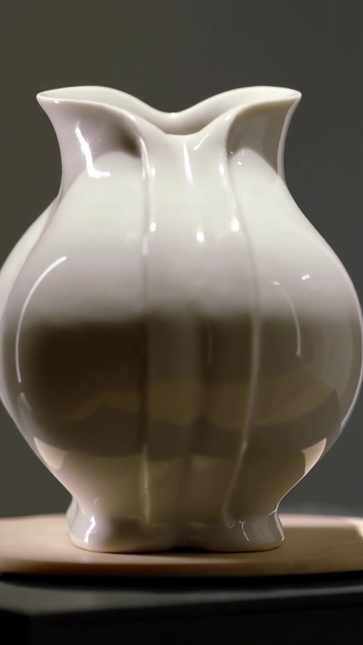 Vertical video: Rotating base revealing white vessel with twin openings, seam in studio for display