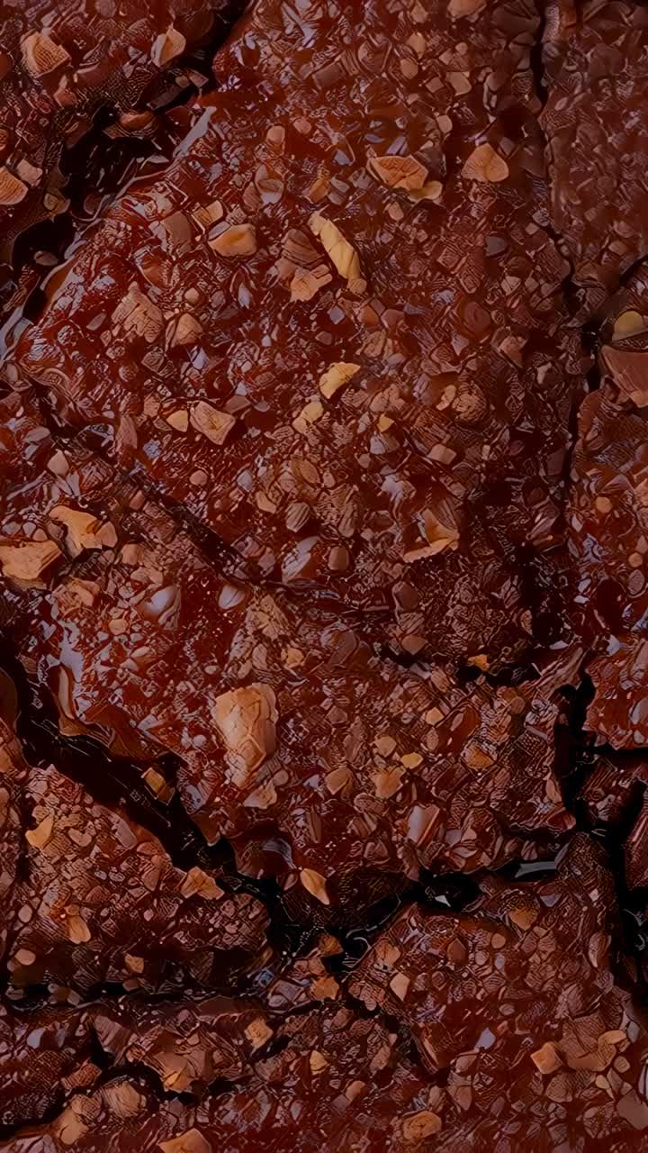Video verticale: carrellata verso l'alto, la camera rivela un brownie in studio, mostrando la texture e la glassa con le noci