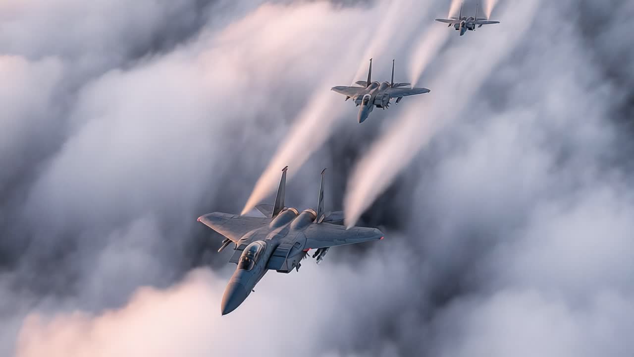 Flyformasjon av militærjetfly som svever over store skyer: En spektakulær fremvisning av kraft og presisjon på himmelen, fanget ovenfra.