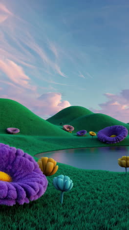 whimsical landscape with colorful alien flowers and pond