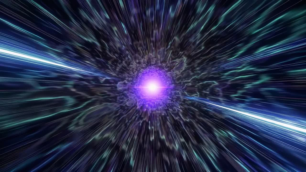 Light speed journey revealing cosmic passages, luminous energy trails weaving through purple hued spacescapes, illustrating interstellar travel and quantum time dynamics