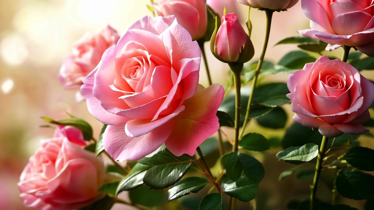 Primo piano di vivaci rose rosa e boccioli alla luce del sole