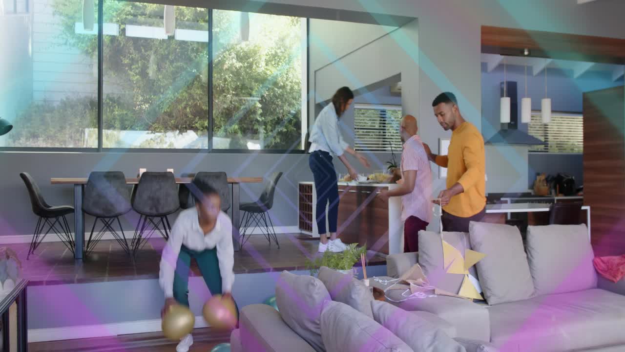 Lead woman striking pose, leading friends picking gold balloons while AR tracing moves for promo