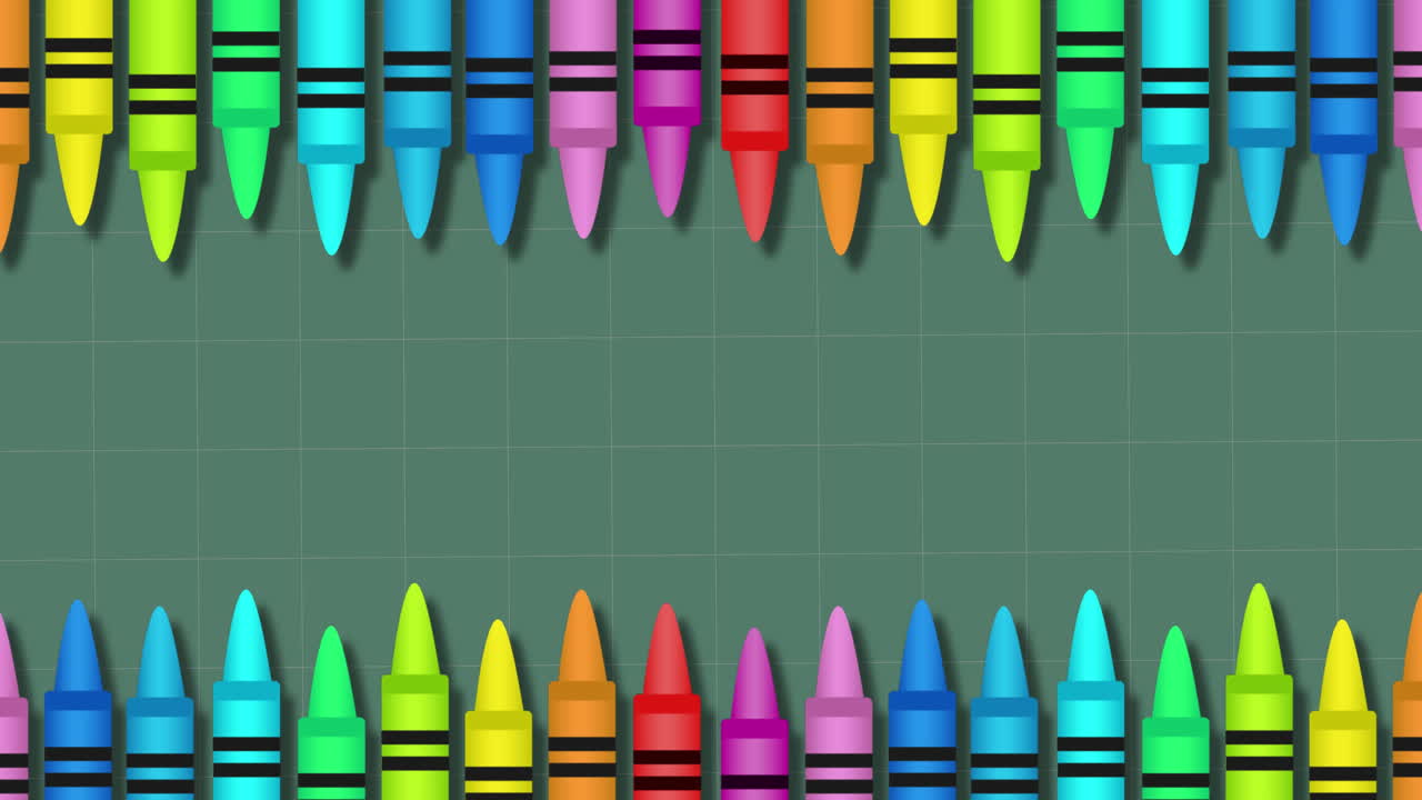 Animation of frame of multi coloured crayons with copy space on green background