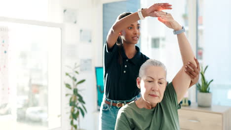 Woman,-patient-and-stretching-arm-for-physical