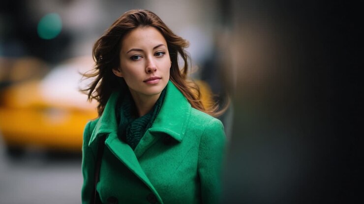 A young woman with flowing hair and an elegant green coat stands thoughtfully on a city street, capturing the essence of urban life and individual style in motion