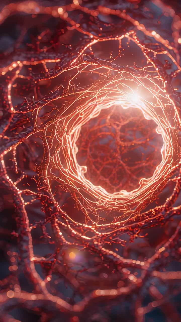 Vertical video: Moving cam into filament ring in CGI, flare emerging driving inward showing lattice