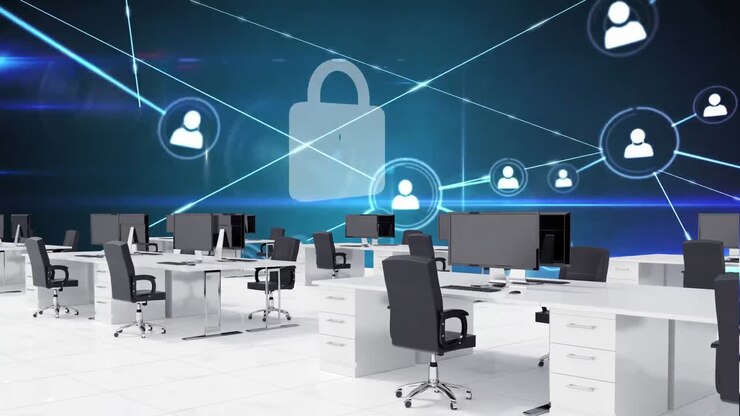 Animation of empty office over network of connections with icons