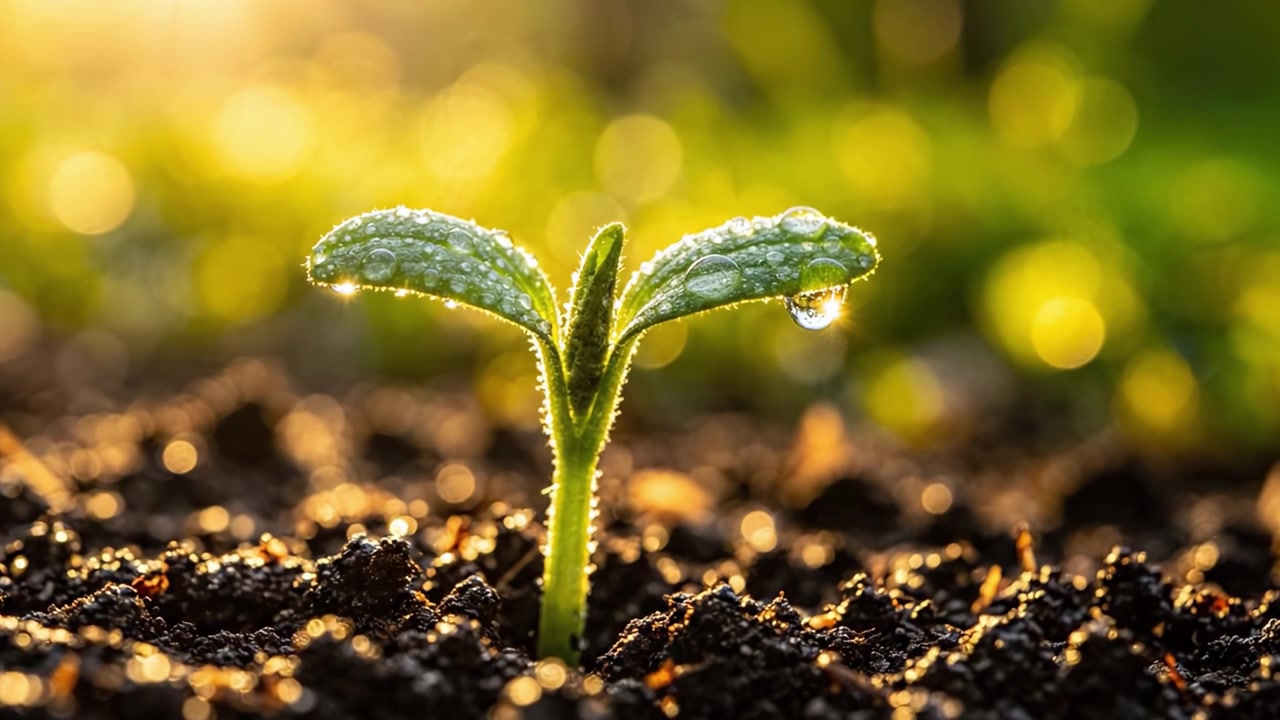 豊かな土壌から芽生え、露のしずくで輝く若々しい植物。鮮やかな自然の中で、暖かい日差しを浴びて成長と再生の本質を捉えています