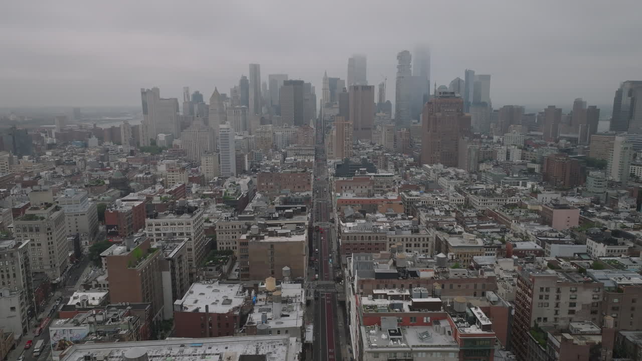Aerial view of Lower Manhattan on an overcast morning. Shot in New York City