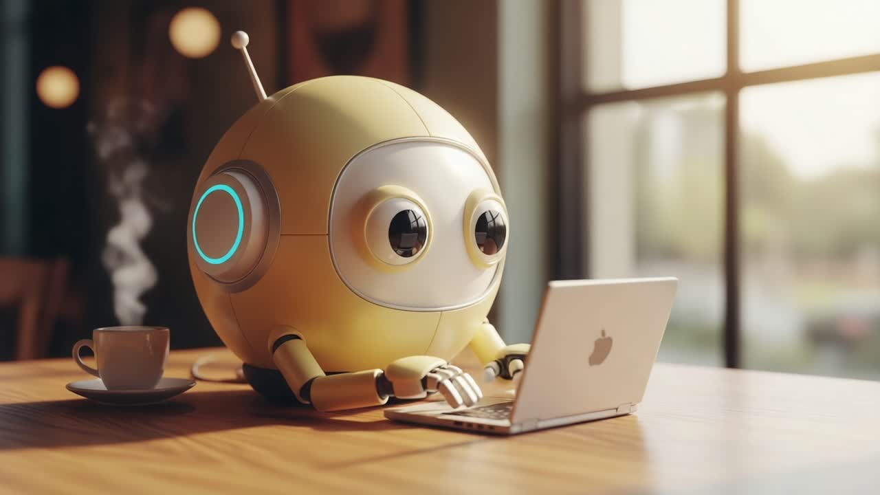 A cheerful yellow robot engages with a laptop, showcasing a blend of technology and creativity in a cozy café setting, with coffee beside and sunlight streaming in