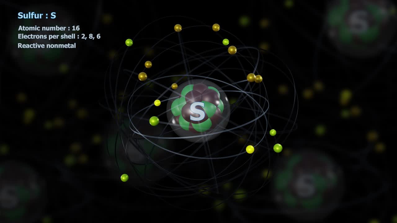 16개의 전자를 가진 황 원자는 원자들과 무한한 도 회전 속에 있다.
