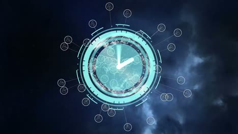animación de reloj en movimiento con iconos sobre fondo marino