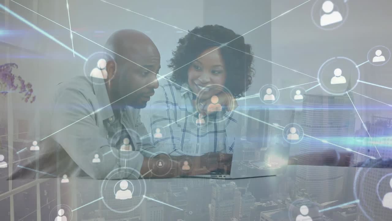 Animation of network of connections with icons over caucasian businessman using vr headset