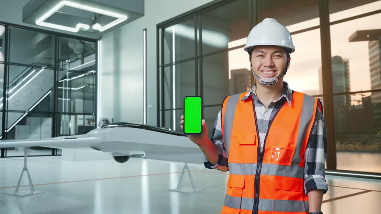 trabajador de la construcción mostrando un teléfono inteligente de pantalla verde en una oficina moderna