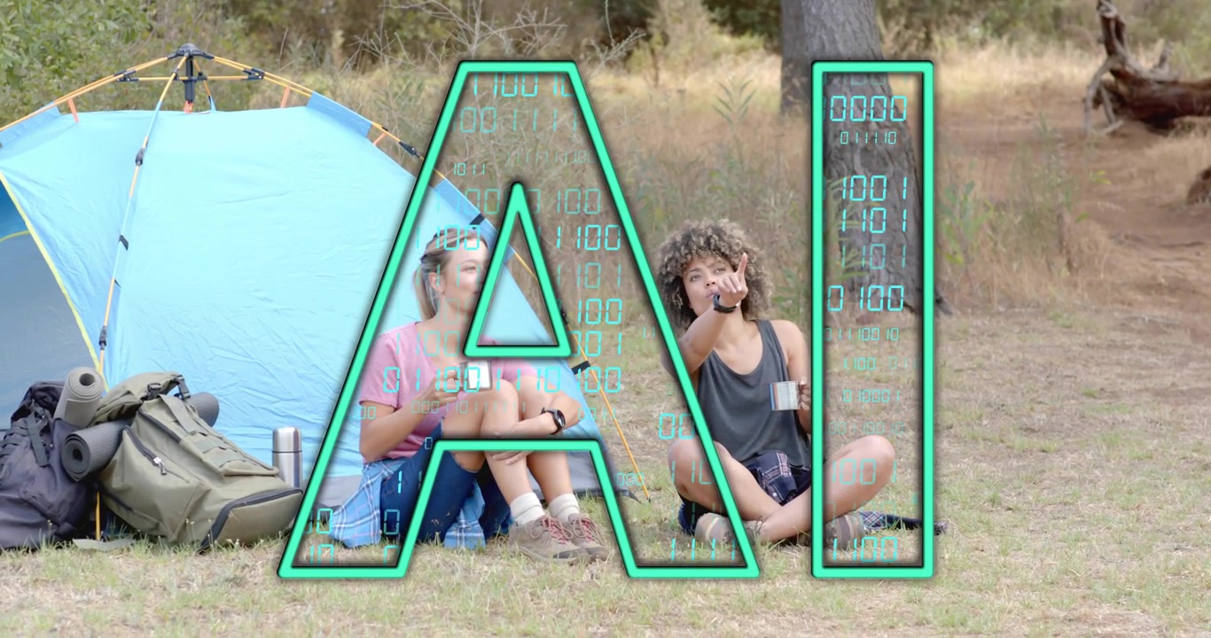 Two campers sipping mugs with tent and animated arrow tracing pointing gesture camping tip