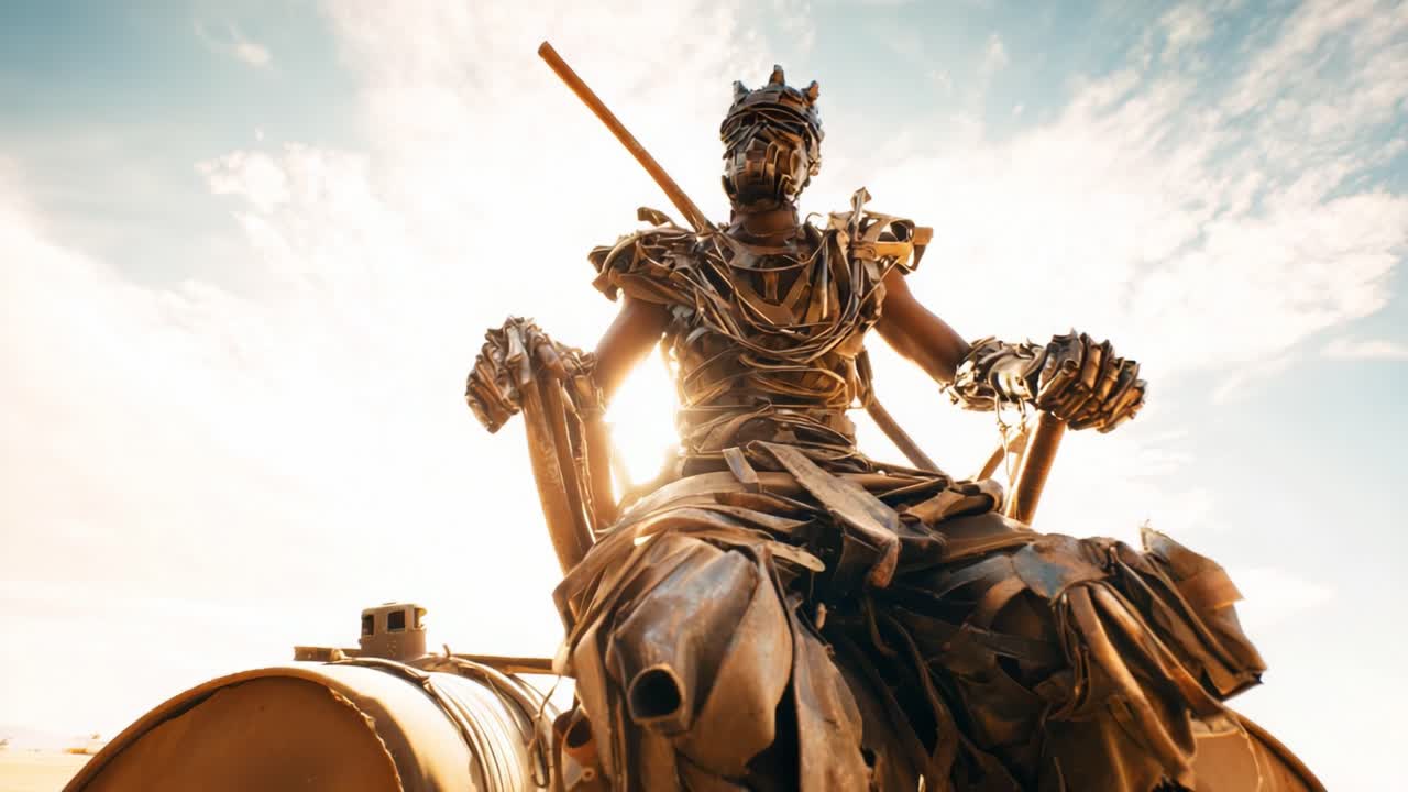 Majestic figure seated on a throne made of metal, embodying strength and resilience, with an intricate design of armor and weapons, set against a breathtakingly luminous sky