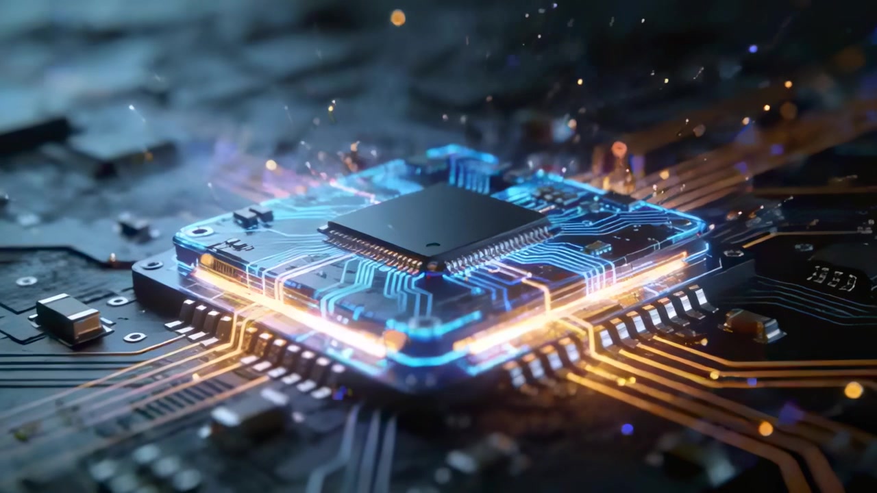 Lysende pulserende mikrochip udsender neonblå og varme orange spor på en printplade (PCB), der viser strømflow.