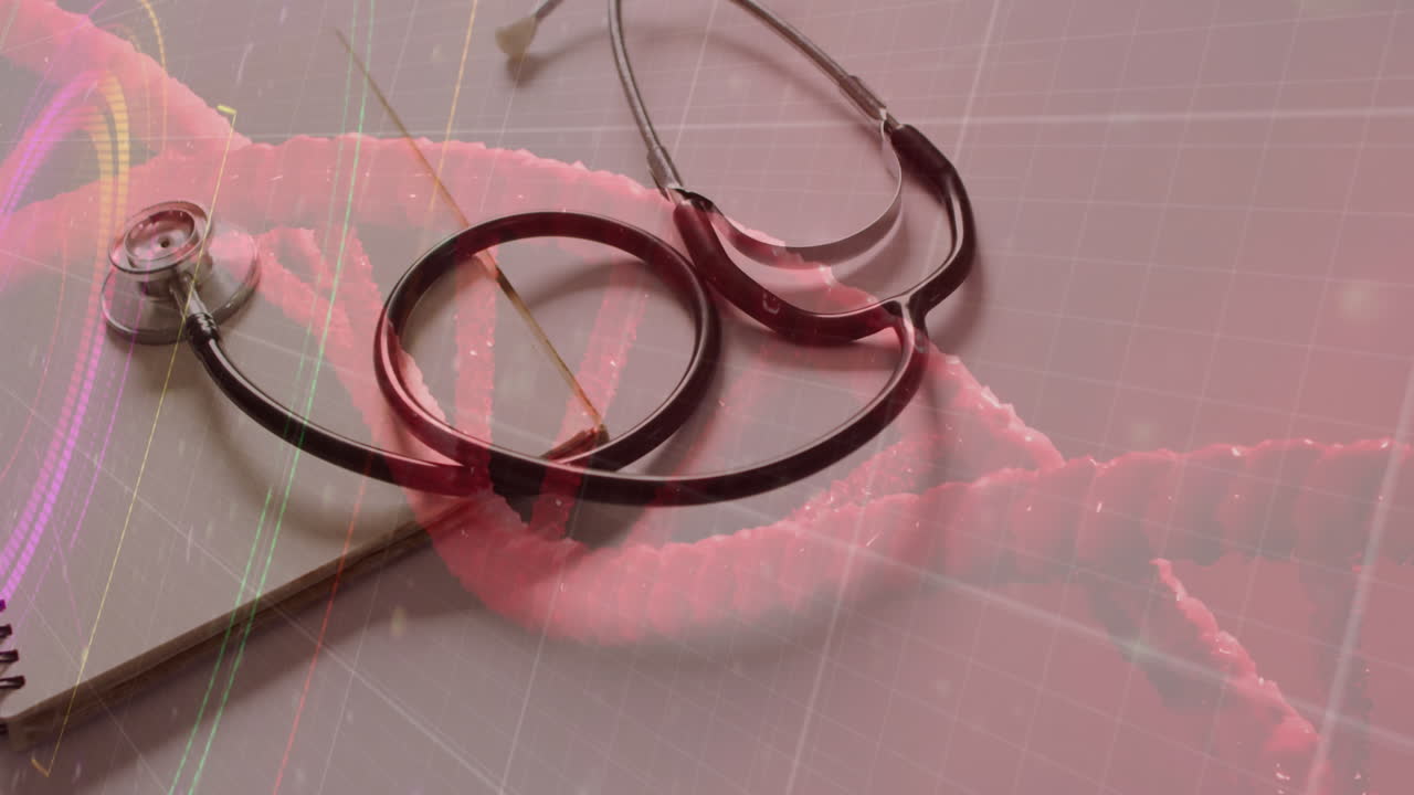 스 스캔 및 스테토스코프 위의 dna 스트랜드의 애니메이션