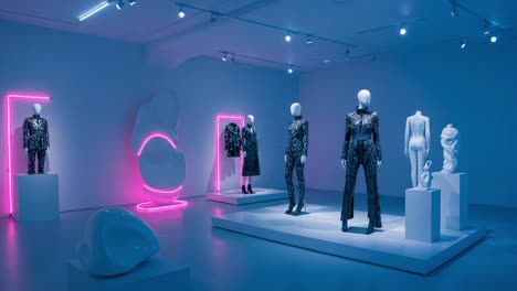 futuristic fashion exhibition featuring sculptural mannequins adorning unique designs illuminated by neon colors in a contemporary art space