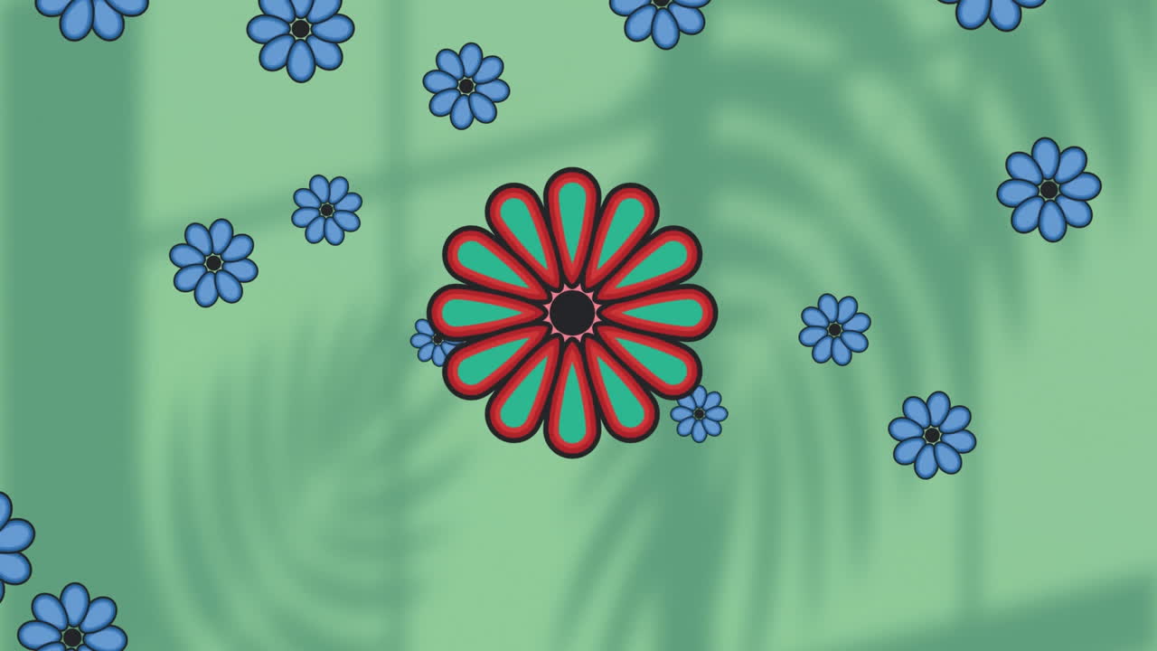 animación de flores azules flotando fuera de la cabeza de la flor roja, en verde con hojas y sombras de ventanas