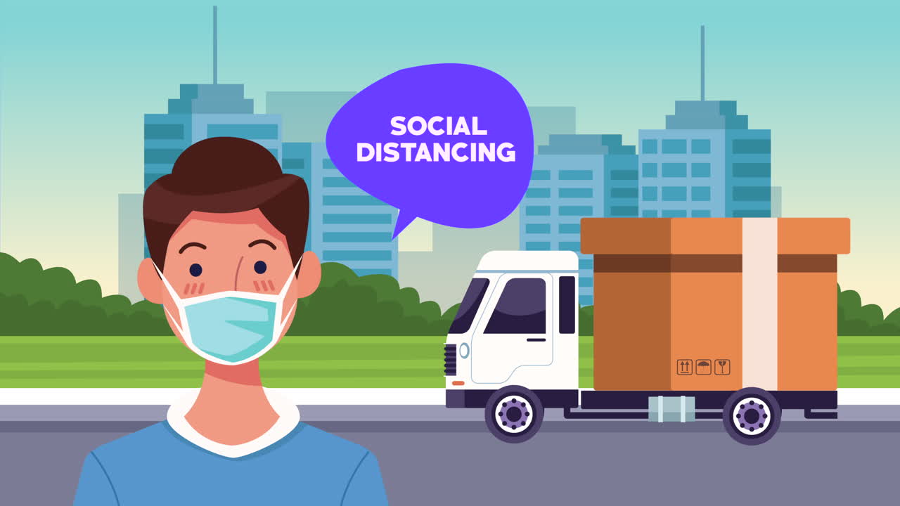 사회적 거리 두기 캠페인은 얼굴 마스크와 배달 트럭을 사용하는 사람과 함께 진행됩니다.