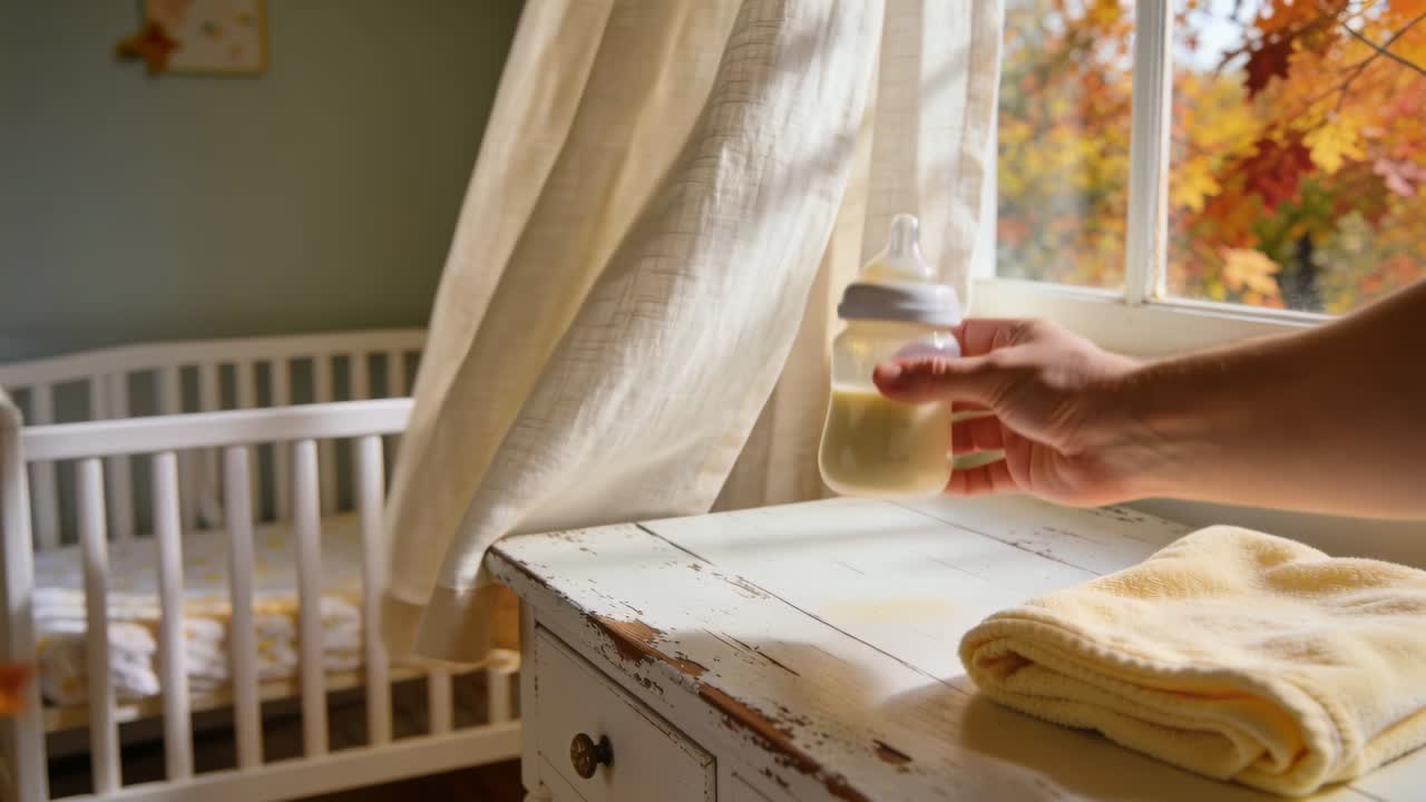 Breeze nudging adult hand reaching, lifting baby bottle on dresser to feed baby, copy space