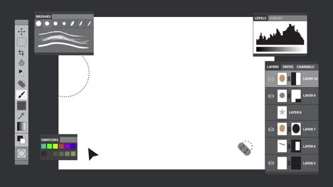 photo editing interface animation with a white screen for image or video placement. tools, swatches, panels, and layer controls. ideal as a template or design mockup.