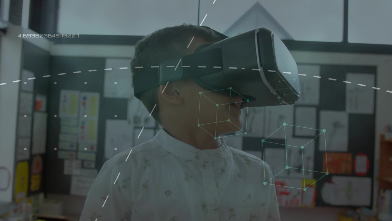 Animation of data processing over african american boy using vr headset