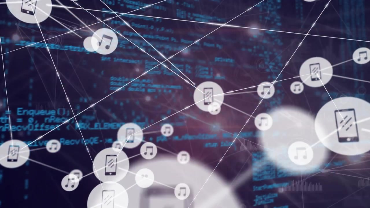 Animation of network of connections with icons with data processing
