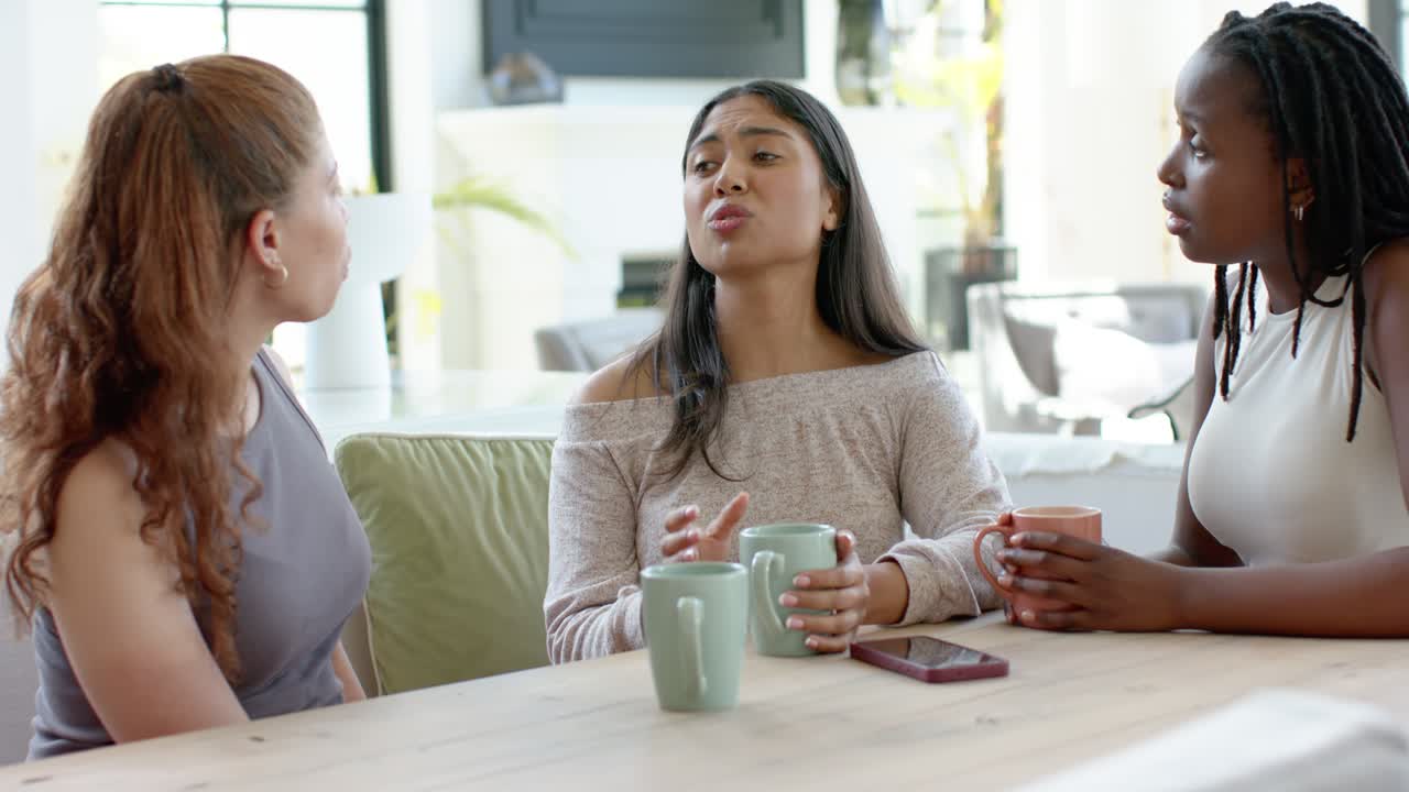 Three women friends sitting at home left friend speaking center woman holding green mug expressing