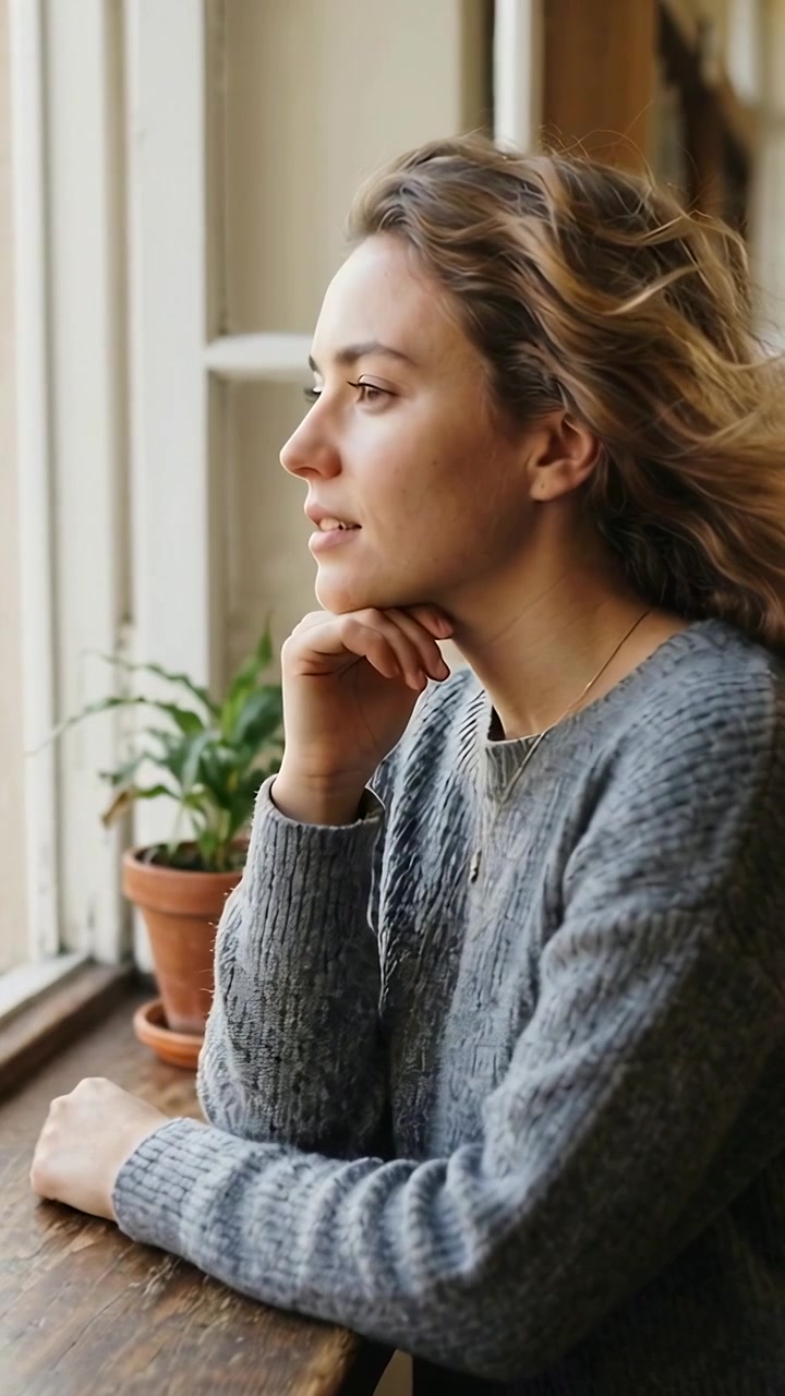 Vertical video: Gazing woman in grey sweater resting arm tilting head as breeze lifts hair at sill