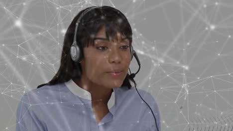 Animation-of-networks-of-connections-over-businesswoman-using-phone-headsets