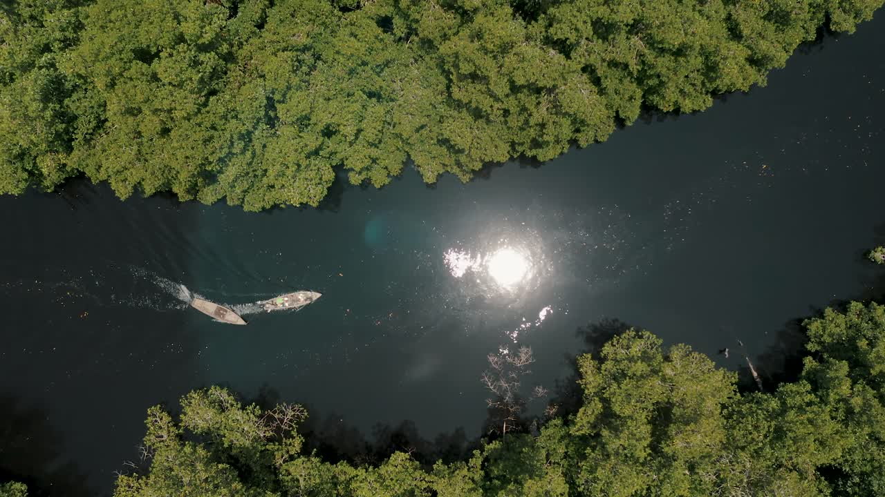 Vista Cenital de Barcos de Madera en el Pantano de Manglares en El Paredón, Guatemala - toma de dron