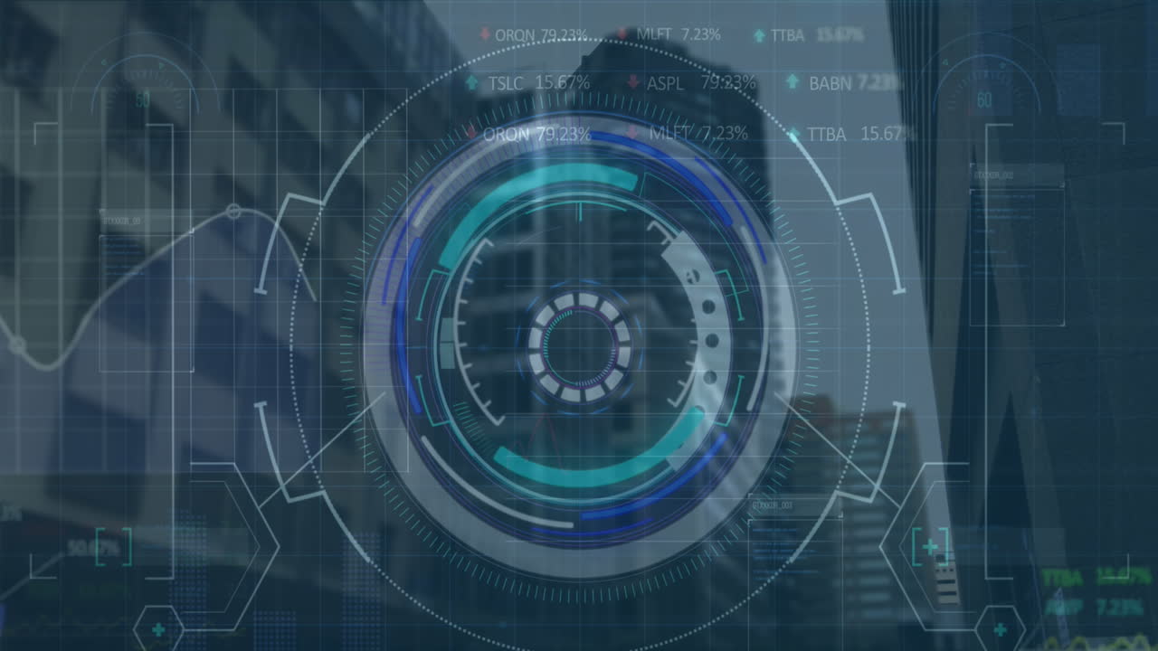 animazione di cerchi di carico, grafici e tavolo di scambio su edifici moderni contro il cielo