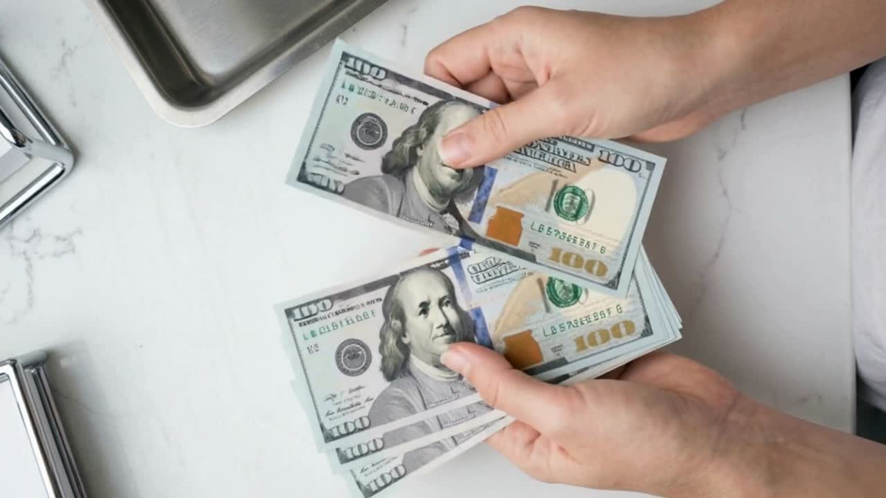 Nærbillede af hænder, der tæller amerikanske hundrededollarsedler