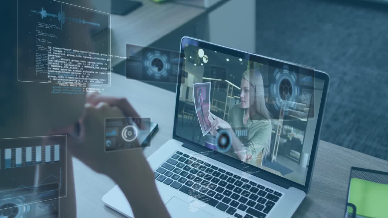 animación de gráficos, círculos lenguaje informático, diversas compañeras de trabajo discutiendo en video llamada