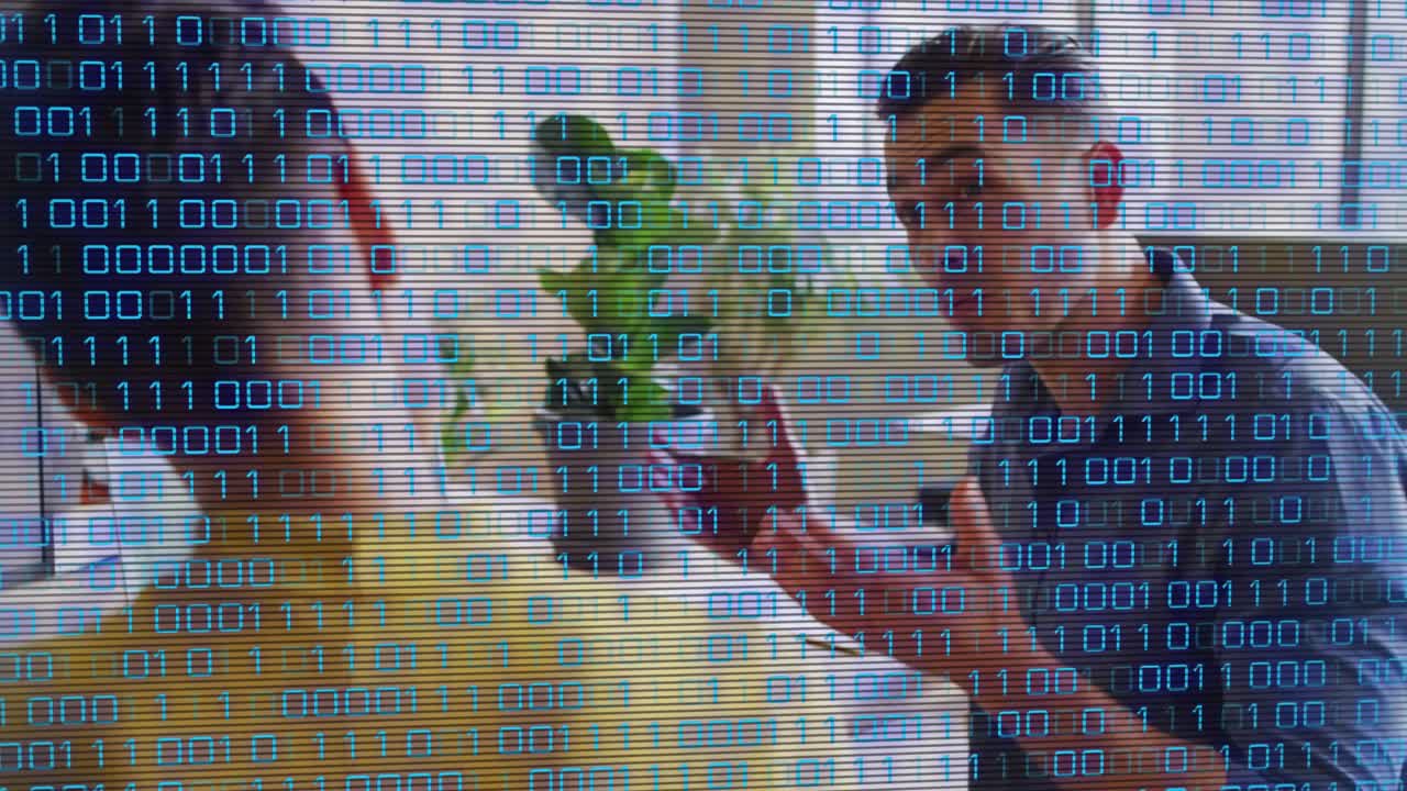 Man speaking, initiating data overlay while swiping phone and woman listening during tech demo