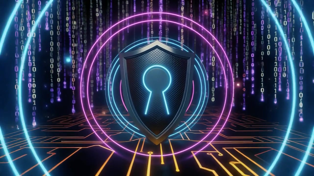 Cyber Security Shield with Digital Data Streams and Circuit Board Background