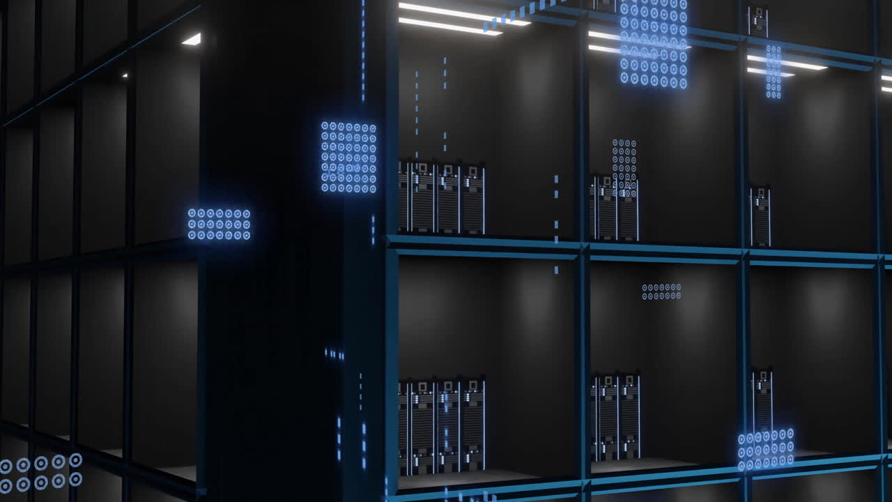Animation of circuit board and digital data processing over computer servers