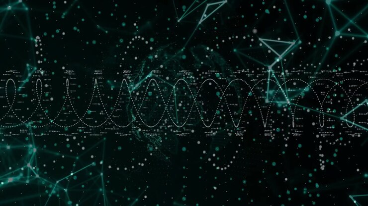 Particle drift sparking dotted waveform waving while globe turning and mesh pulsing to show data