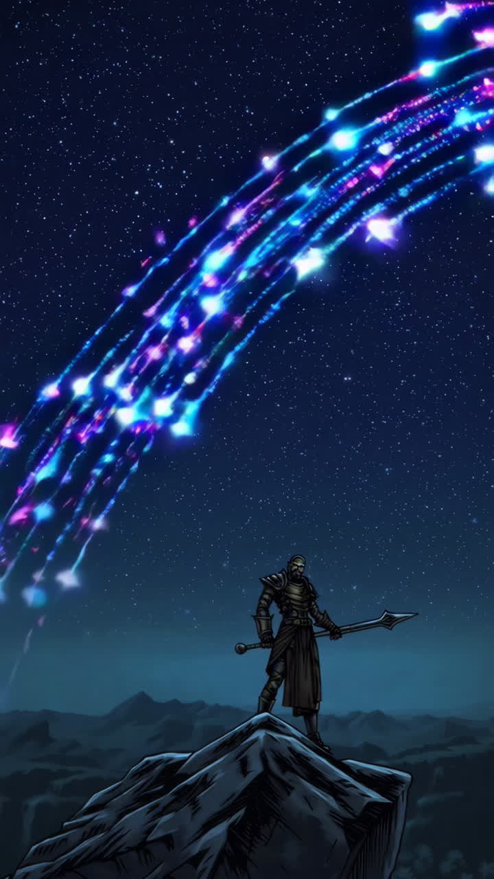 Un cavaliere fa la guardia sotto un cielo notturno di stelle cadenti