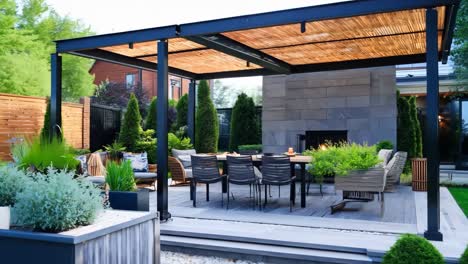 a patio with a table and chairs under a pergola